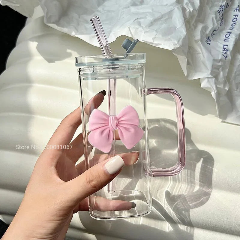 350ML Square Mug with Lids and Straws with Bow Water Cup Household Cup Female Milk Coffee Cups with Pink Handle Gift