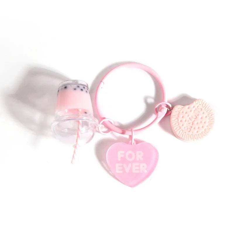 Ice-cream Bubble Tea Biscuit Pink Key Ring