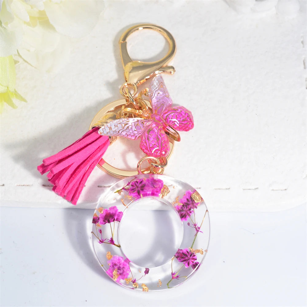 Exquisite Pink Dry Flower Resin 26 Initial Keychain