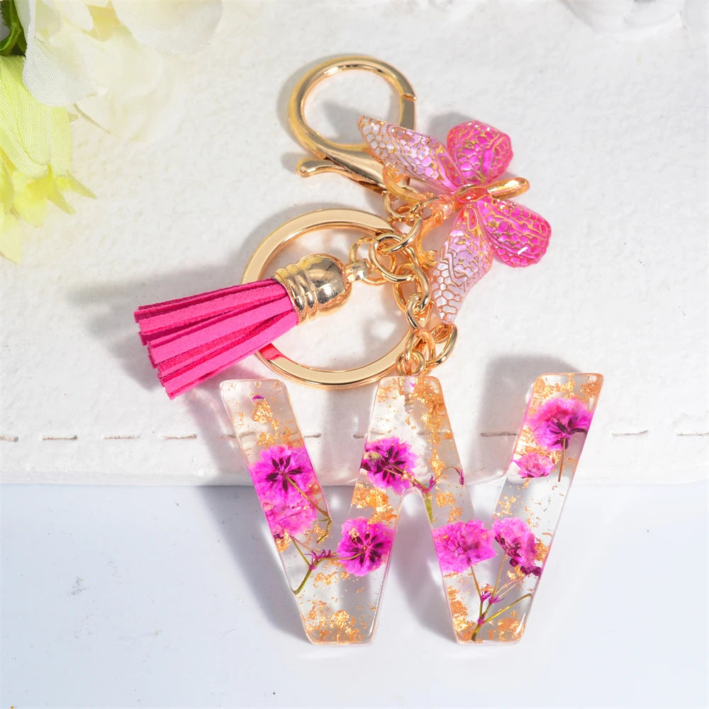 Exquisite Pink Dry Flower Resin 26 Initial Keychain