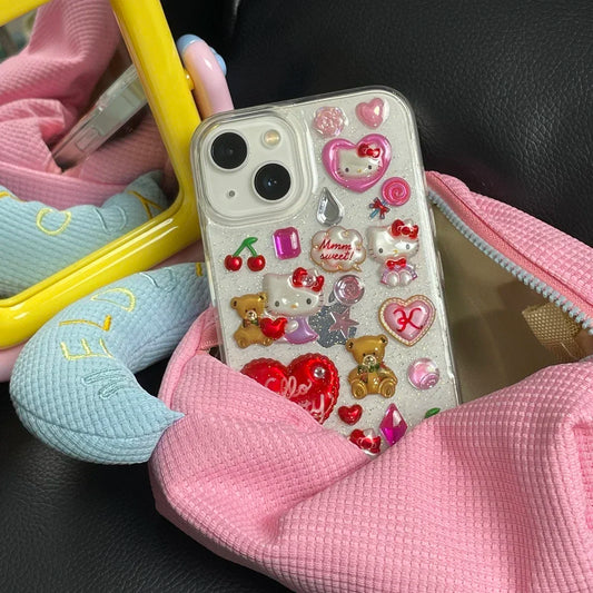 3D Cute Cartoon Sanrio Y2K Hello Kitty Sticker Bling Glitter Phone Case For iPhone 16 15 14 13 12 11 Pro Max Transparent Cover