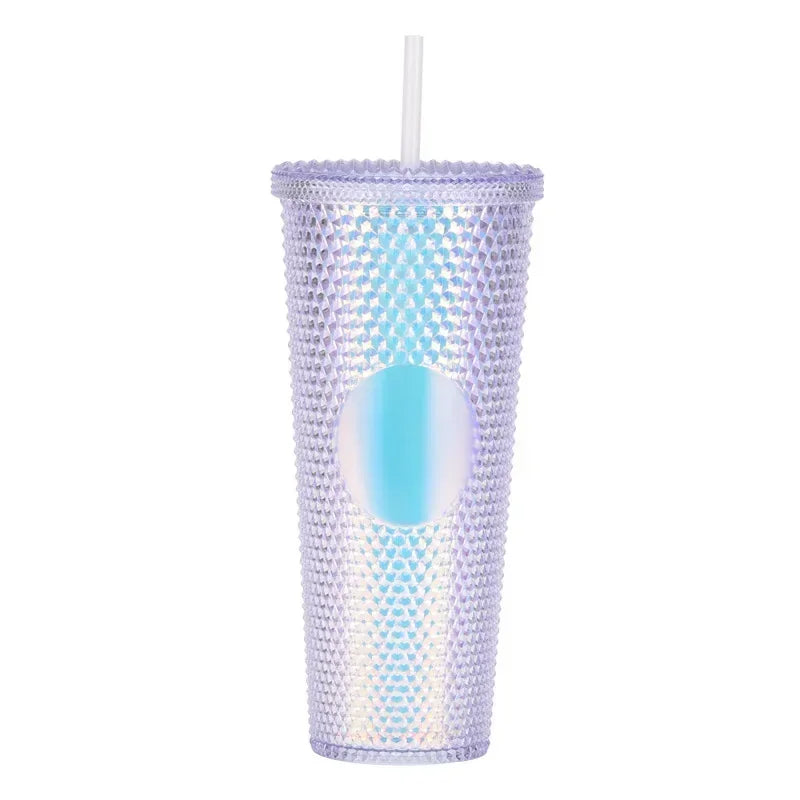 710ml Straw Cup with Lid Studded Finish Double Wall Coffee Mugs Plastic Studded Durian Tumblers Cold Bling Cup Customized