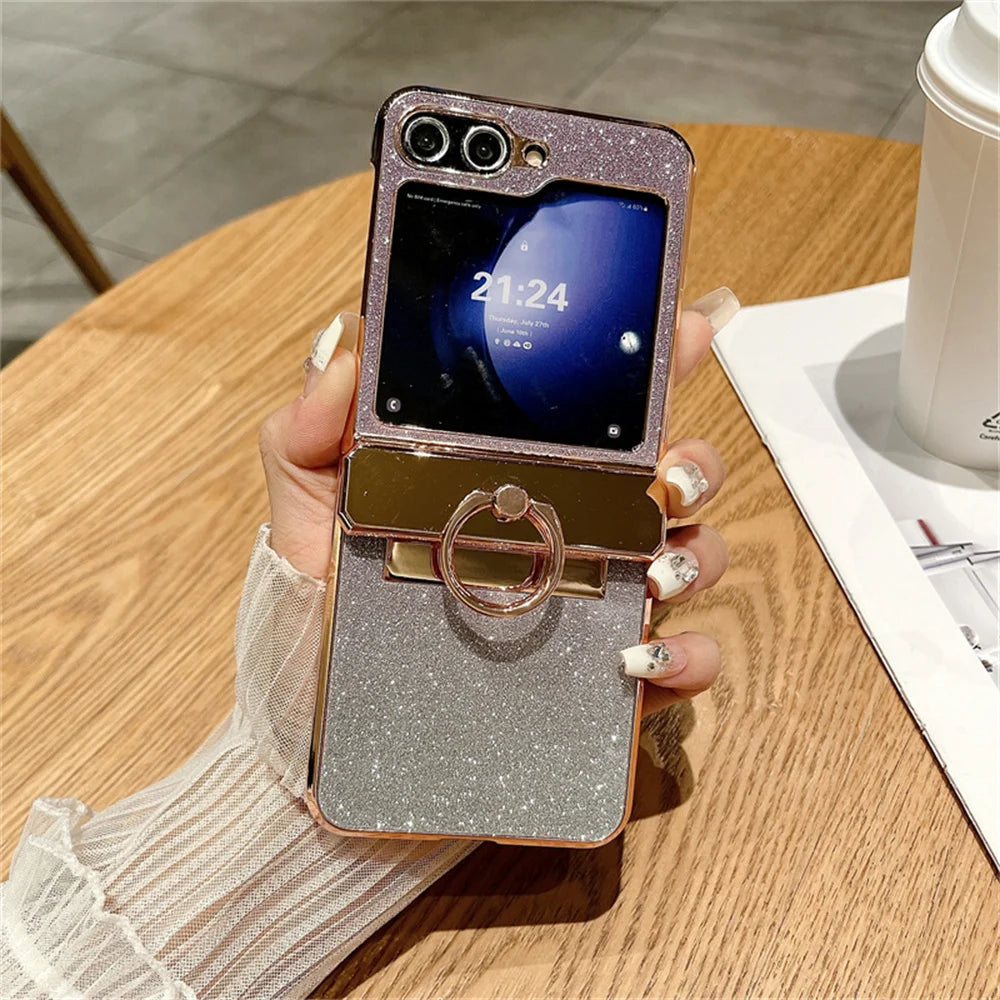 Glitter Ring Holder Stand Case for Samsung Galaxy Z Flip 5 4 3 6 ZFlip flip4 Flip5 Bracket Bling Diamond Gradient Plating Cover