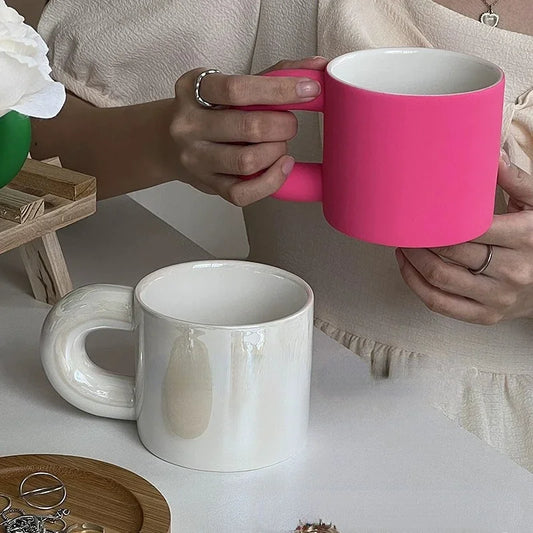 Pink Ceramic Mug with Hand for Girls To Drink Breakfast Coffee Milk Cup High Appearance Level Christmas Gift Home Decoration