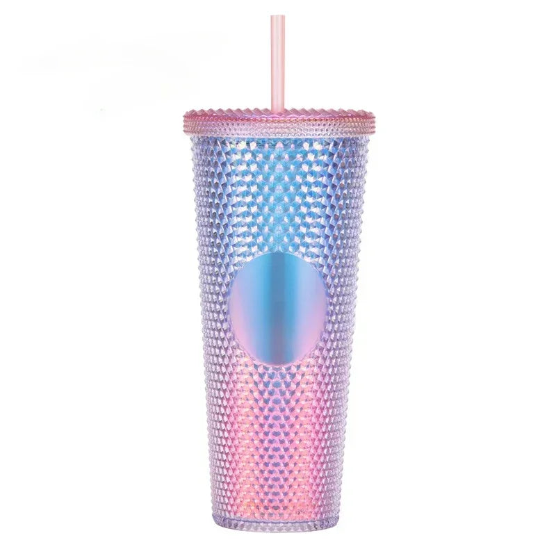 710ml Straw Cup with Lid Studded Finish Double Wall Coffee Mugs Plastic Studded Durian Tumblers Cold Bling Cup Customized