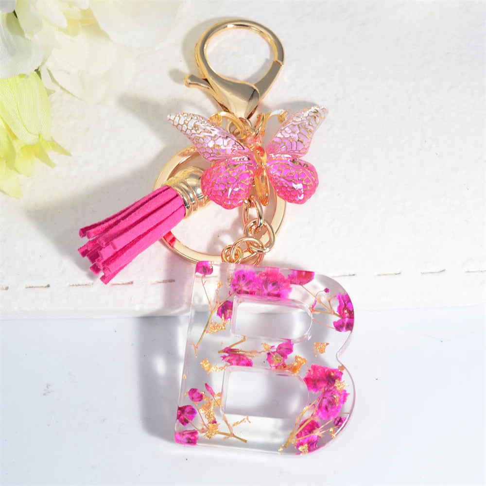 Exquisite Pink Dry Flower Resin 26 Initial Keychain