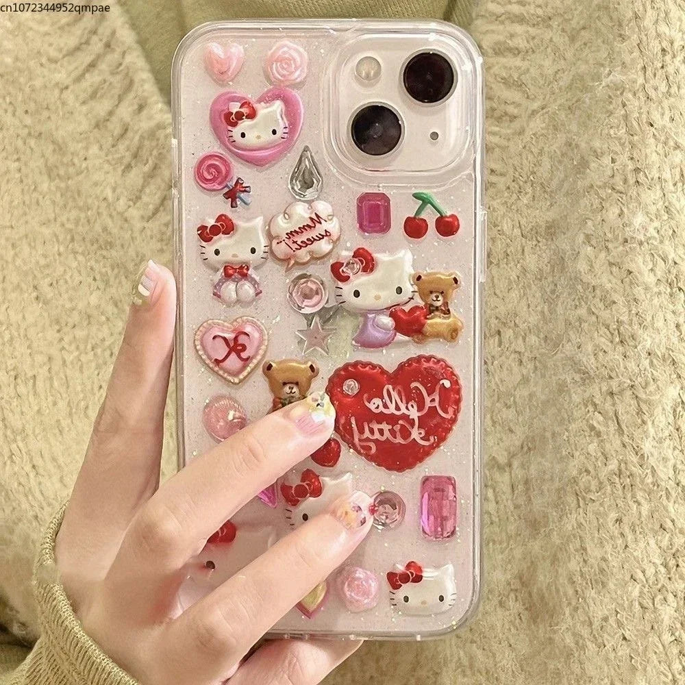 3D Cute Cartoon Sanrio Y2K Hello Kitty Sticker Bling Glitter Phone Case For iPhone 16 15 14 13 12 11 Pro Max Transparent Cover