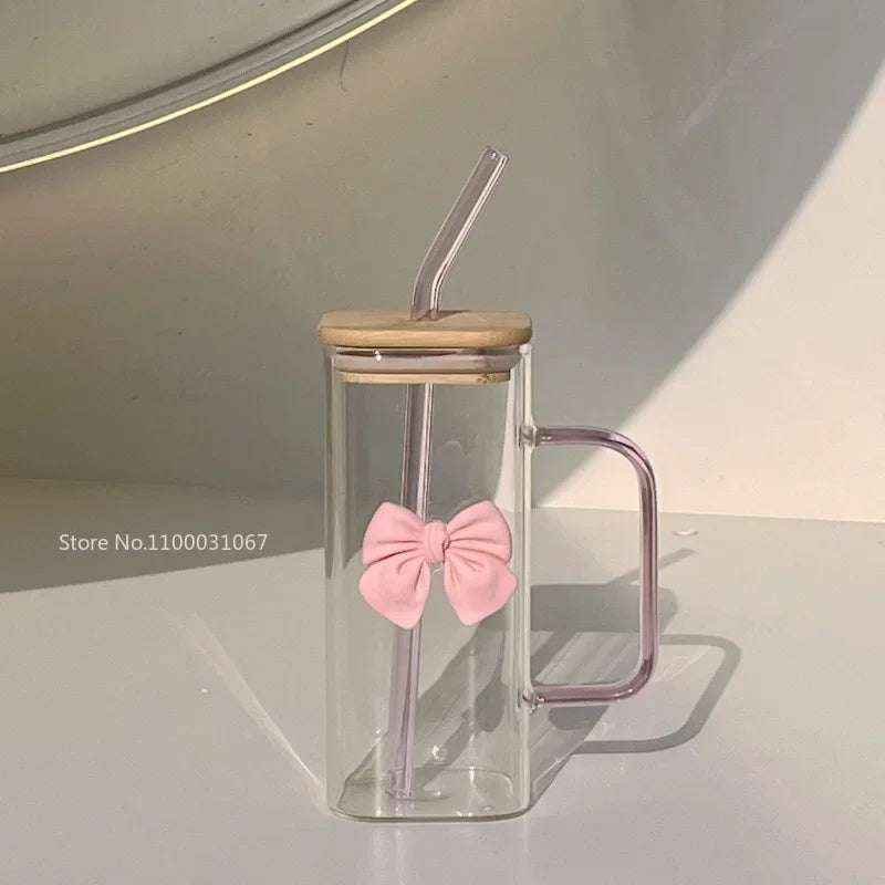 350ML Square Mug with Lids and Straws with Bow Water Cup Household Cup Female Milk Coffee Cups with Pink Handle Gift