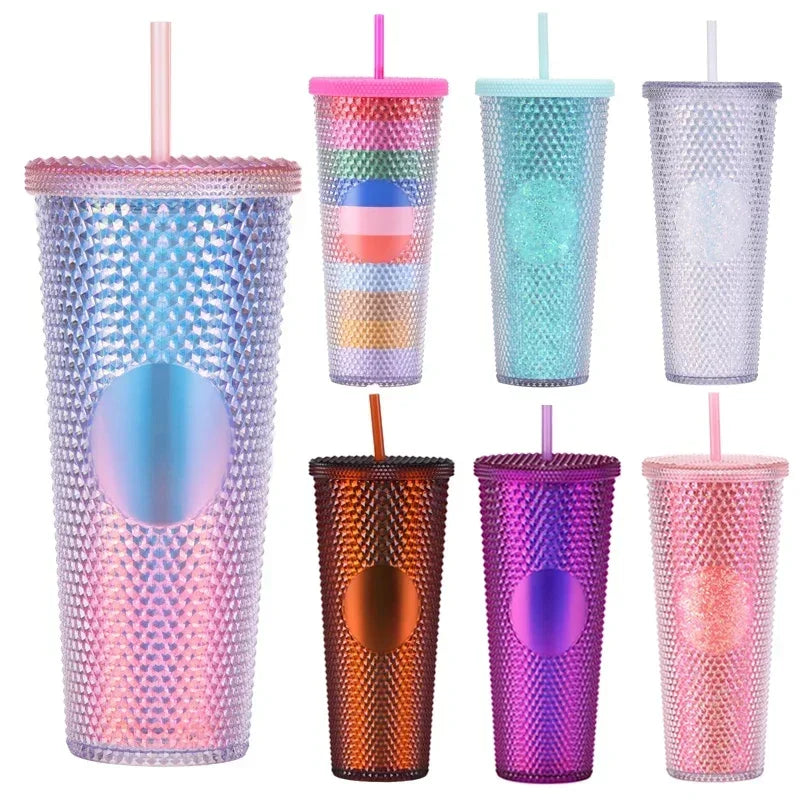 710ml Straw Cup with Lid Studded Finish Double Wall Coffee Mugs Plastic Studded Durian Tumblers Cold Bling Cup Customized