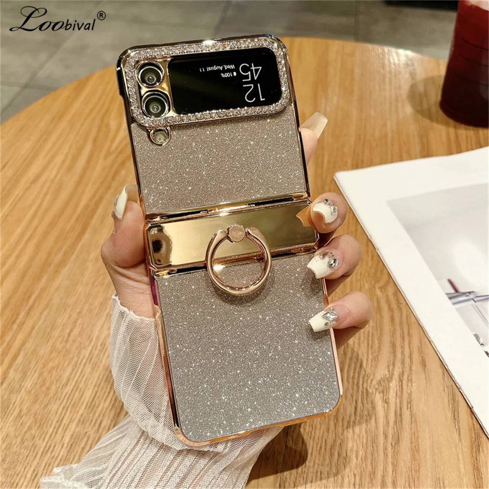 Glitter Ring Holder Stand Case for Samsung Galaxy Z Flip 5 4 3 6 ZFlip flip4 Flip5 Bracket Bling Diamond Gradient Plating Cover