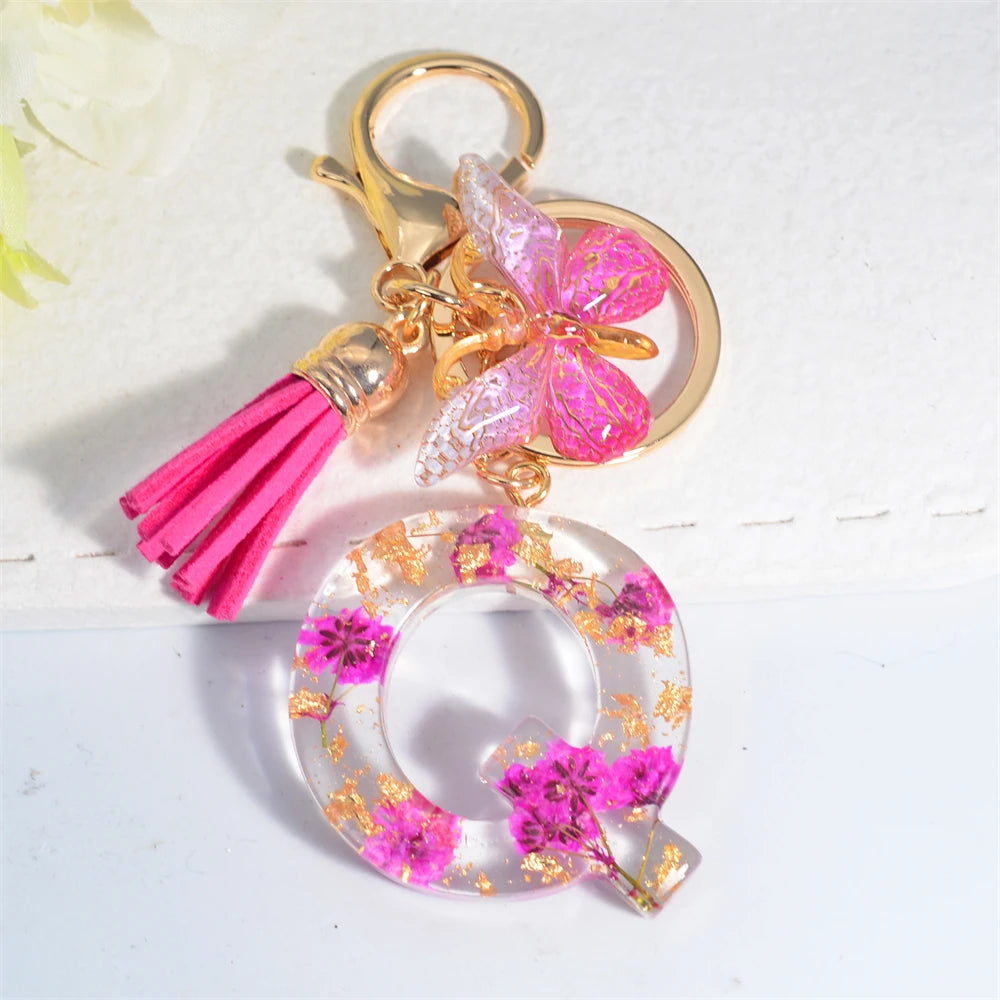 Exquisite Pink Dry Flower Resin 26 Initial Keychain