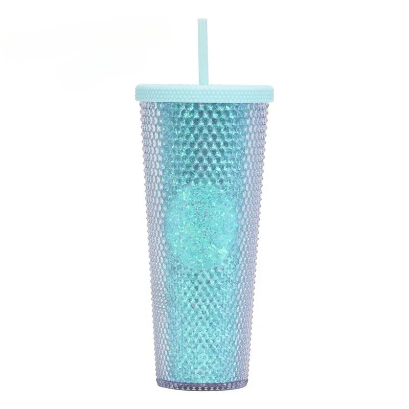 710ml Straw Cup with Lid Studded Finish Double Wall Coffee Mugs Plastic Studded Durian Tumblers Cold Bling Cup Customized