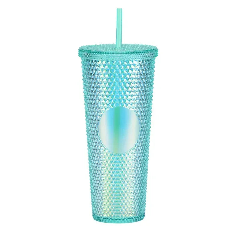 710ml Straw Cup with Lid Studded Finish Double Wall Coffee Mugs Plastic Studded Durian Tumblers Cold Bling Cup Customized