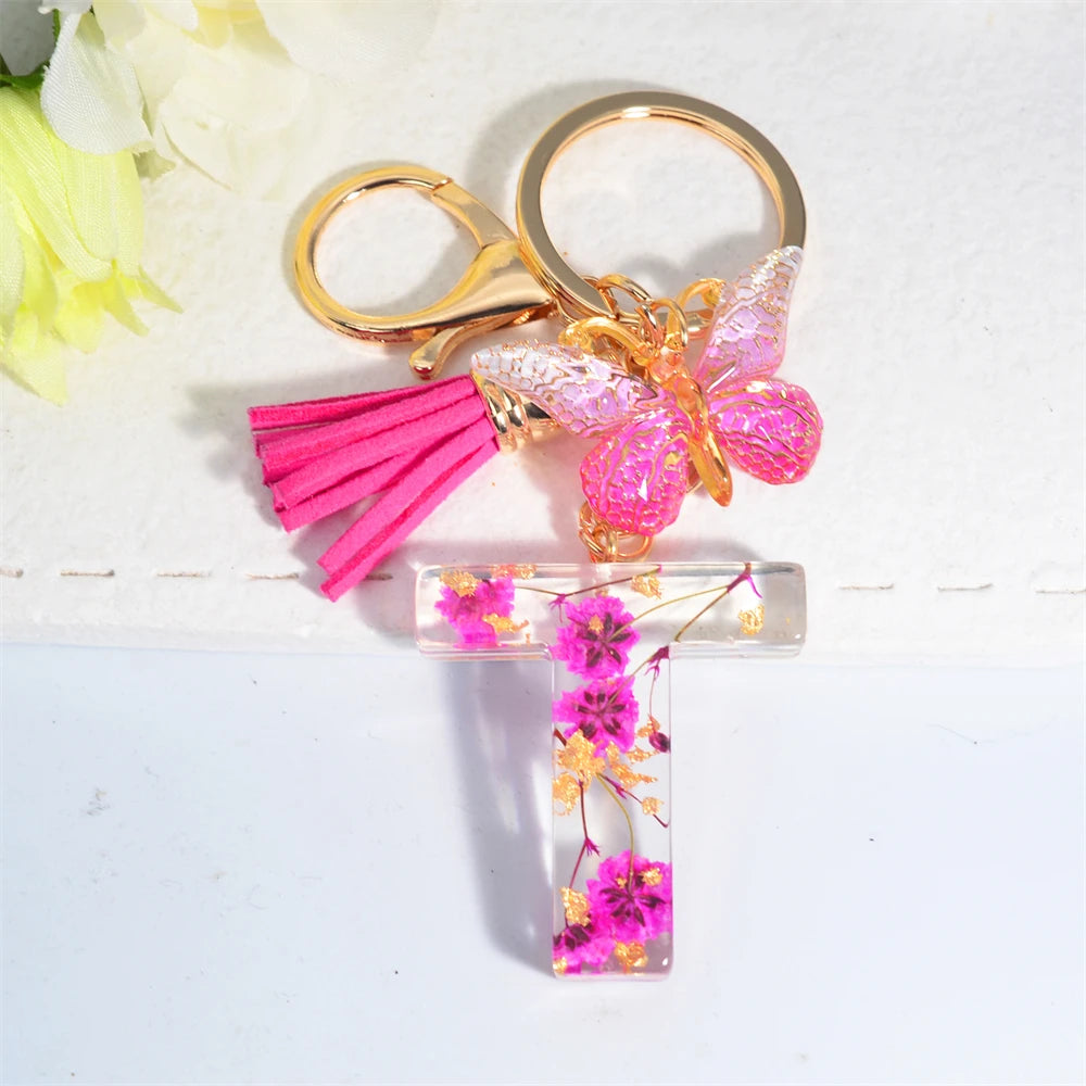 Exquisite Pink Dry Flower Resin 26 Initial Keychain