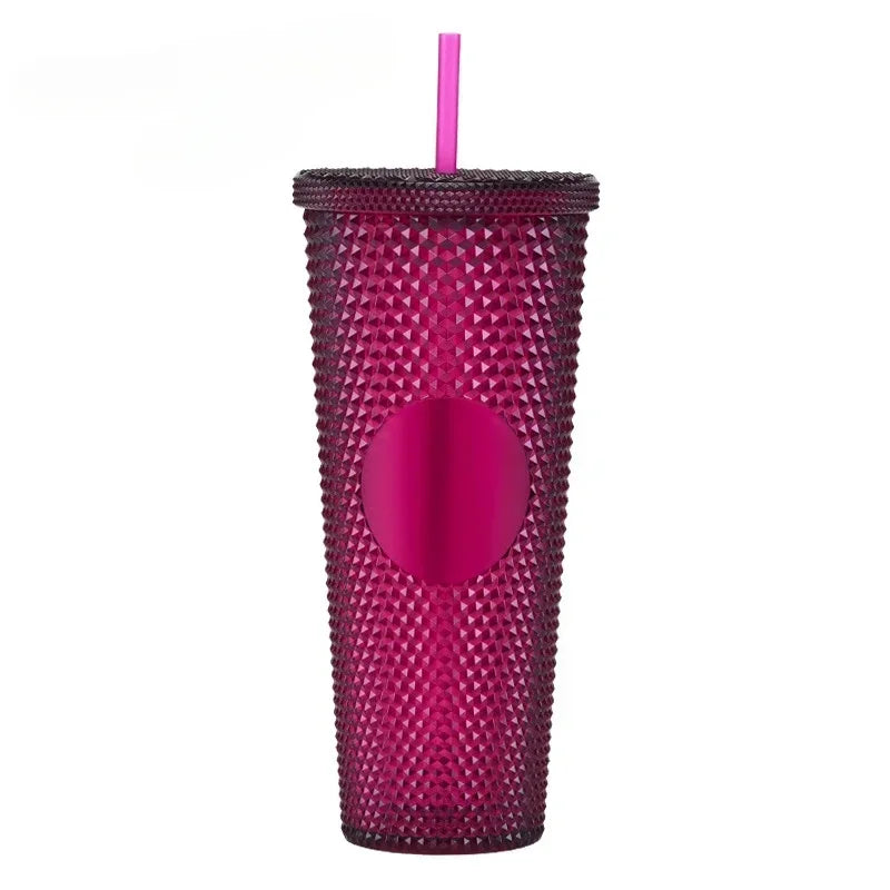 710ml Straw Cup with Lid Studded Finish Double Wall Coffee Mugs Plastic Studded Durian Tumblers Cold Bling Cup Customized