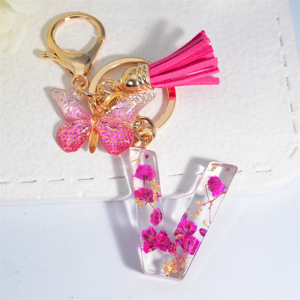 Exquisite Pink Dry Flower Resin 26 Initial Keychain