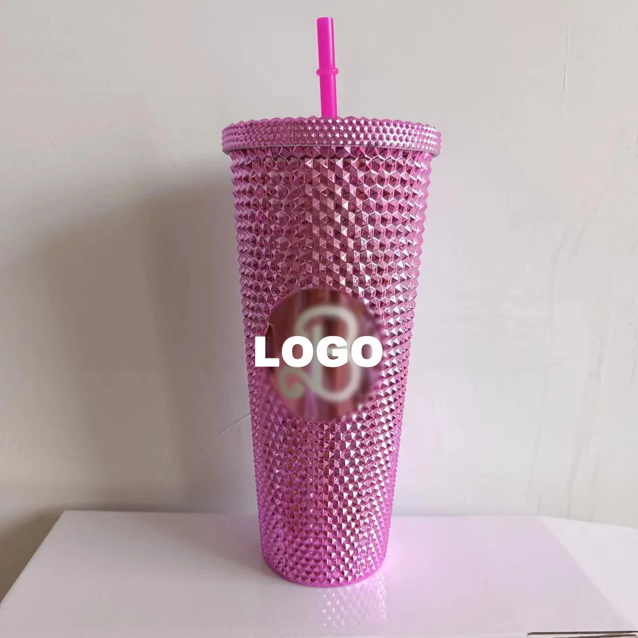 24oz/800ml Pink Coffee Cup with Straw, Double Wall Insulated Tumbler Insulated Water Bottle Bling Pink Tumbler for Girl Gifts