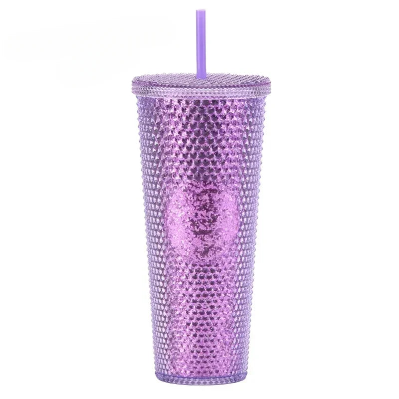 710ml Straw Cup with Lid Studded Finish Double Wall Coffee Mugs Plastic Studded Durian Tumblers Cold Bling Cup Customized