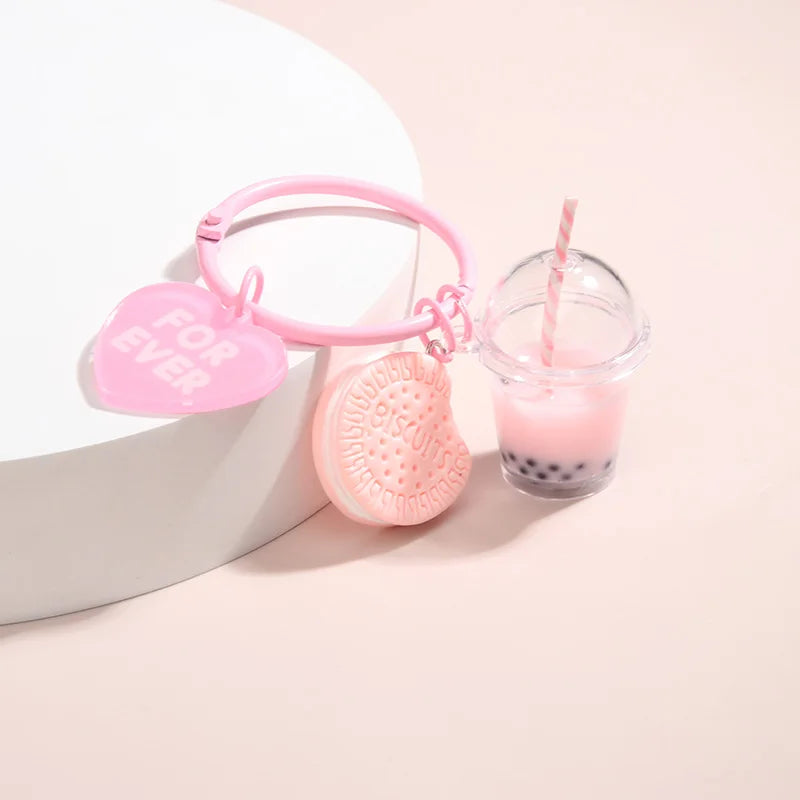 Ice-cream Bubble Tea Biscuit Pink Key Ring