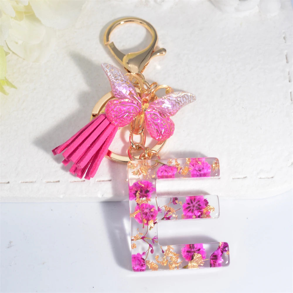 Exquisite Pink Dry Flower Resin 26 Initial Keychain