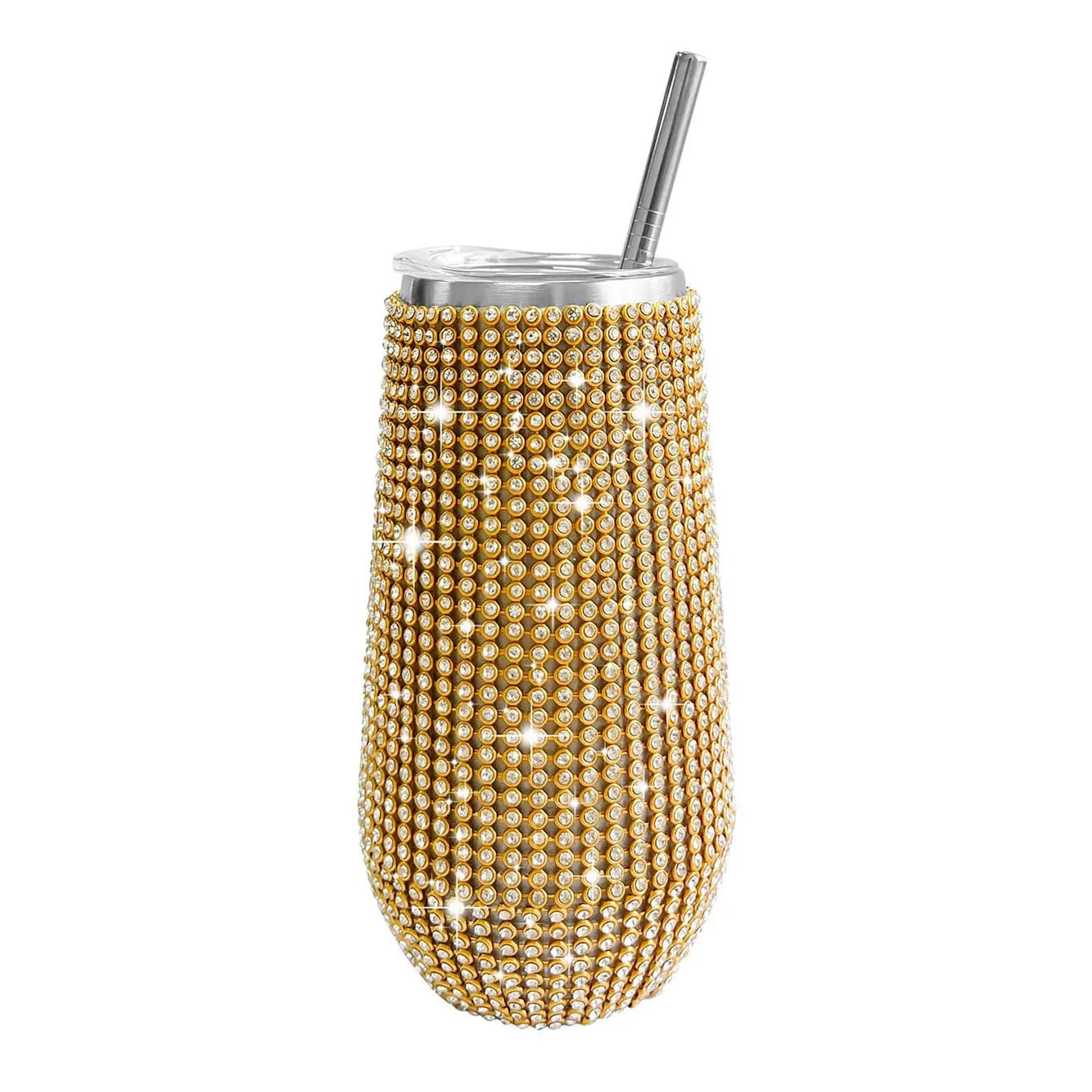 6oz Shiny Diamond Tumbler Bling Rheinstone Wine Cup With Straw Stainless Steel Insulated Vacuum Champagne Cup Mug Egg Shape