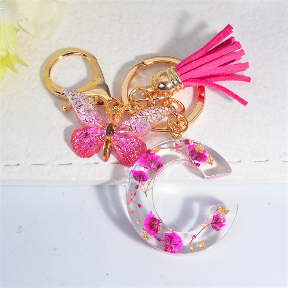 Exquisite Pink Dry Flower Resin 26 Initial Keychain