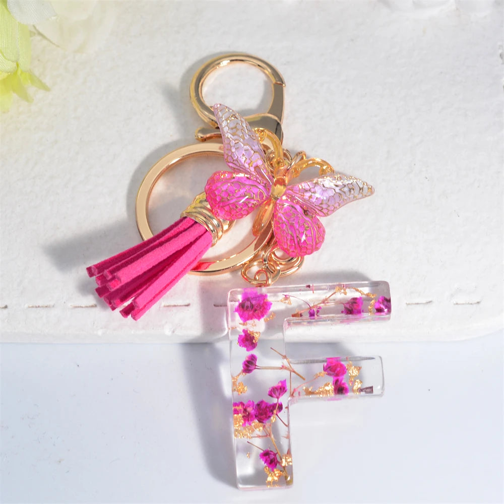 Exquisite Pink Dry Flower Resin 26 Initial Keychain