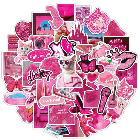 50pcs Ins Girl Pink Stickers For Cup Scrapbook Phone Guitar Suitcase Sticker Scrapbooking Material Vintage Craft Supplies