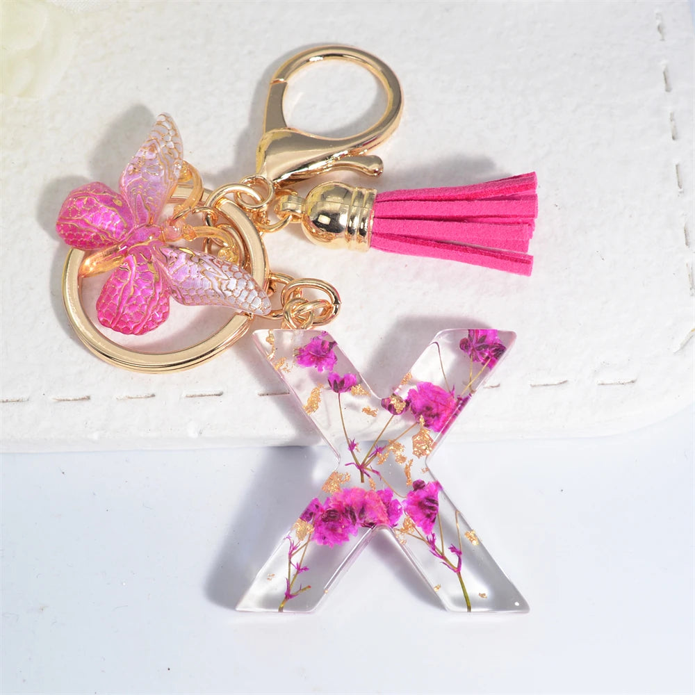 Exquisite Pink Dry Flower Resin 26 Initial Keychain