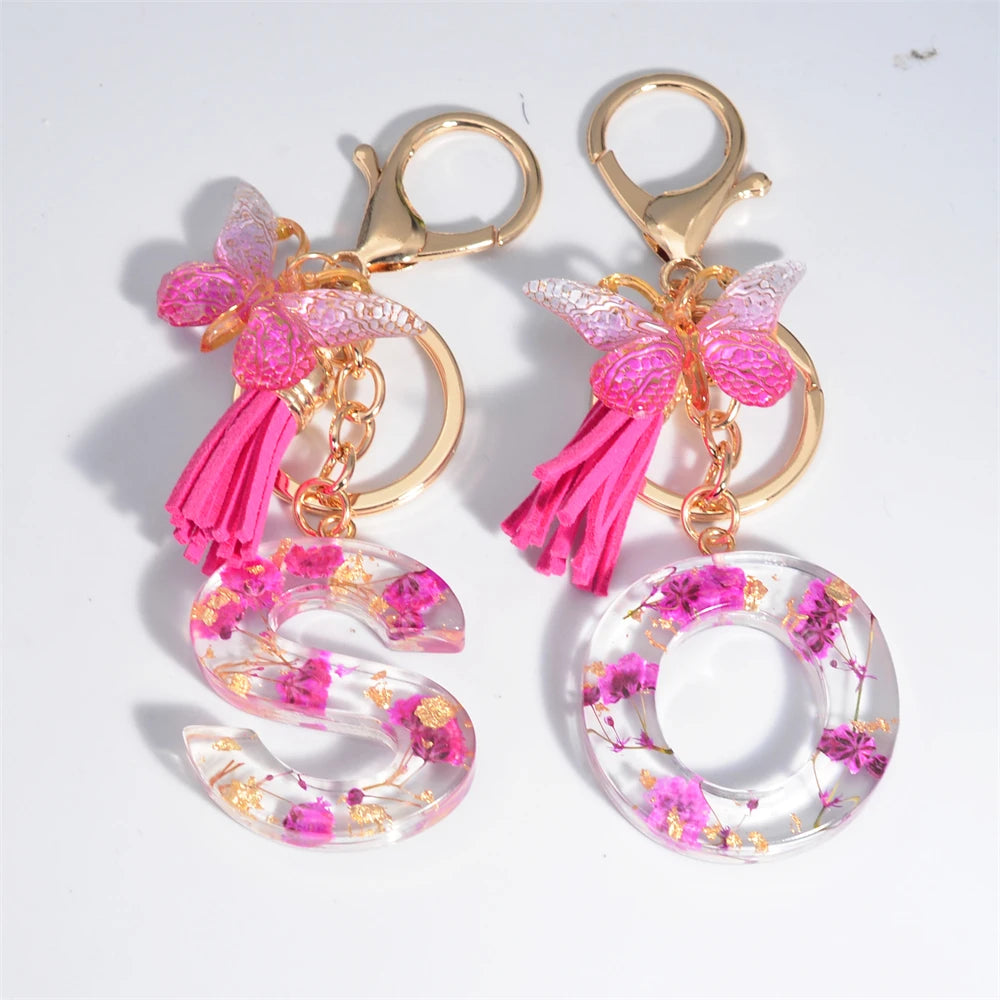 Exquisite Pink Dry Flower Resin 26 Initial Keychain