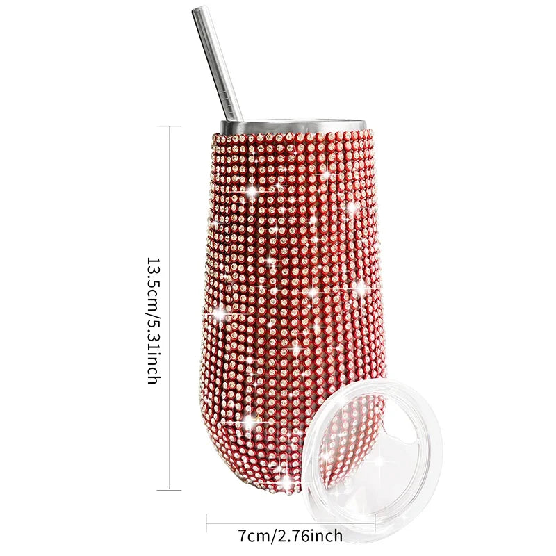 6oz Shiny Diamond Tumbler Bling Rheinstone Wine Cup With Straw Stainless Steel Insulated Vacuum Champagne Cup Mug Egg Shape