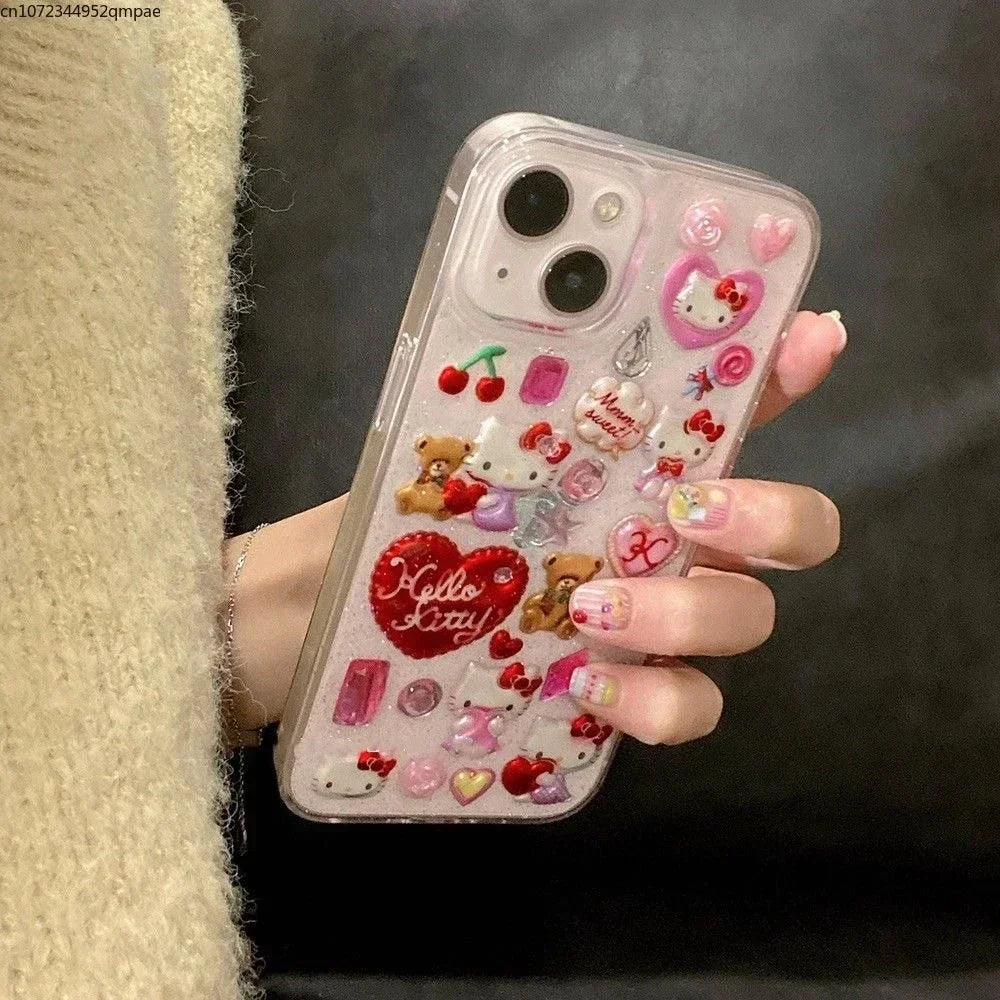 3D Cute Cartoon Sanrio Y2K Hello Kitty Sticker Bling Glitter Phone Case For iPhone 16 15 14 13 12 11 Pro Max Transparent Cover