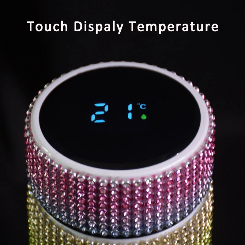 500ml Smart Temperature Display Diamond Thermos Bottle Stainless Steel Water Bottle Bling Rhinestones Vacuum Flasks Coffee Cup