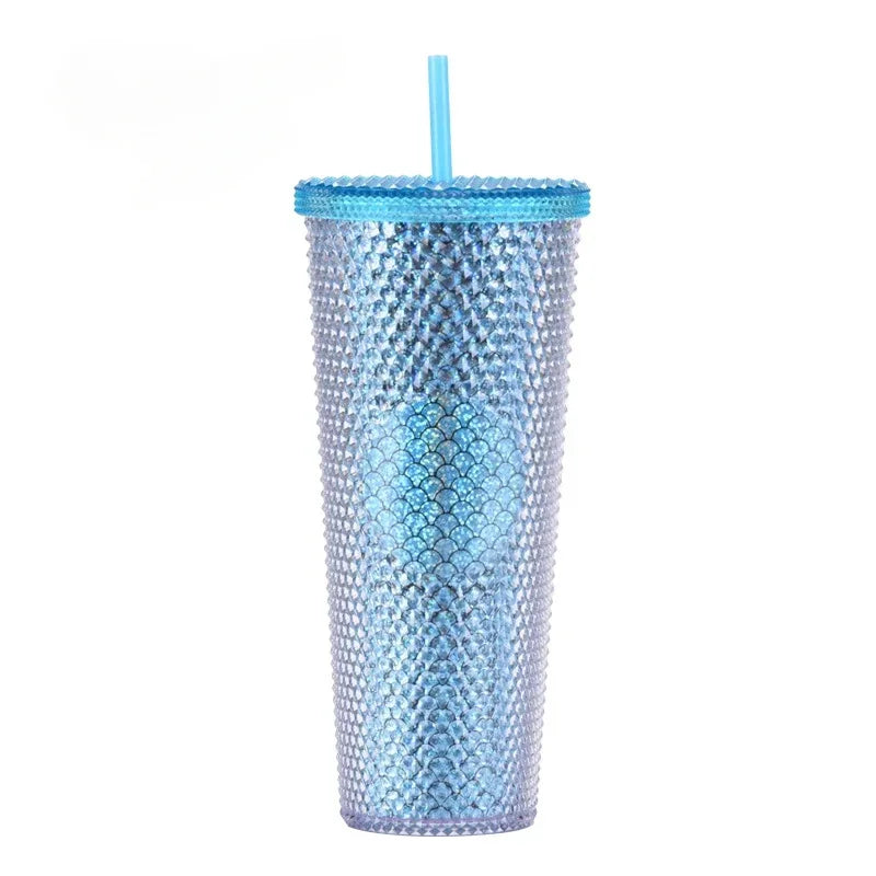 710ml Straw Cup with Lid Studded Finish Double Wall Coffee Mugs Plastic Studded Durian Tumblers Cold Bling Cup Customized