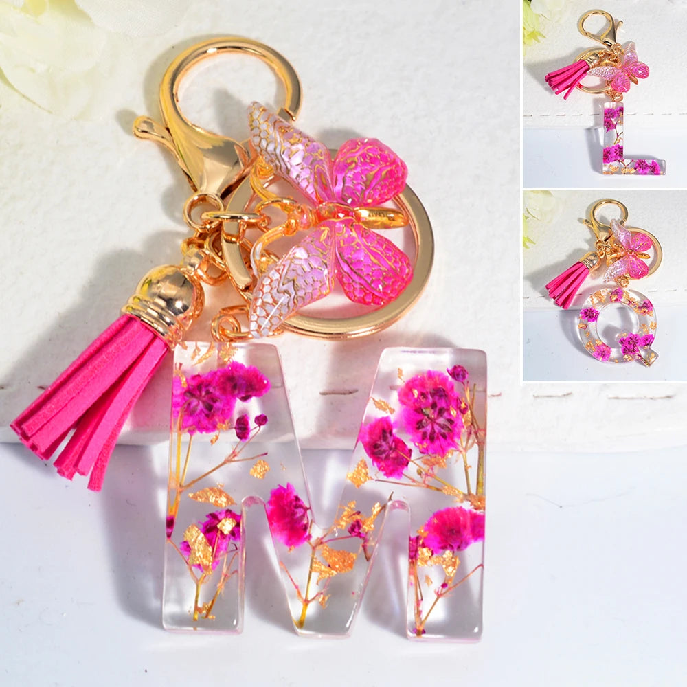 Exquisite Pink Dry Flower Resin 26 Initial Keychain