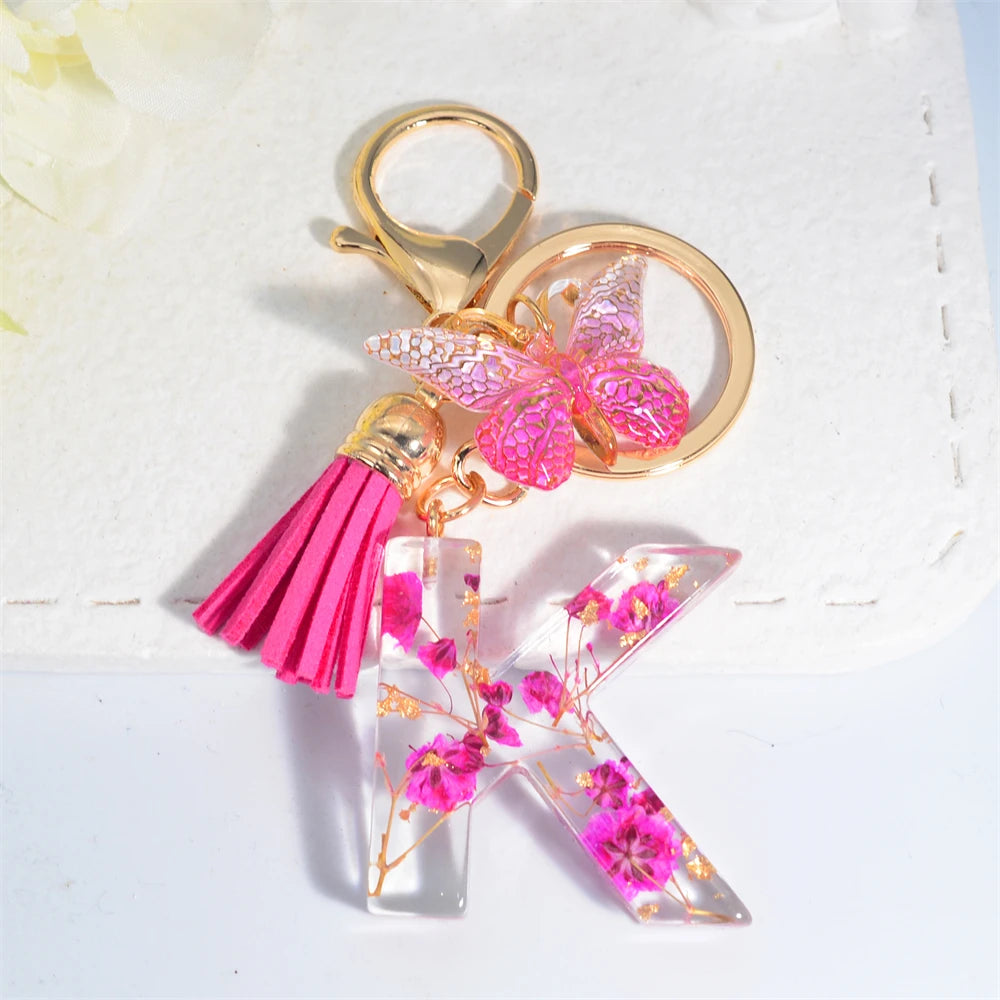 Exquisite Pink Dry Flower Resin 26 Initial Keychain