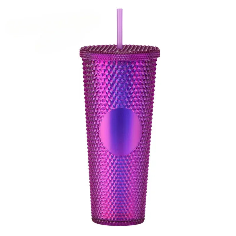 710ml Straw Cup with Lid Studded Finish Double Wall Coffee Mugs Plastic Studded Durian Tumblers Cold Bling Cup Customized