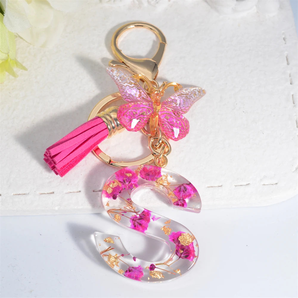 Exquisite Pink Dry Flower Resin 26 Initial Keychain