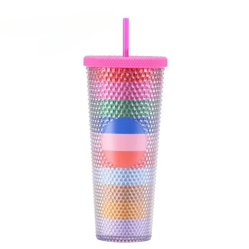 710ml Straw Cup with Lid Studded Finish Double Wall Coffee Mugs Plastic Studded Durian Tumblers Cold Bling Cup Customized