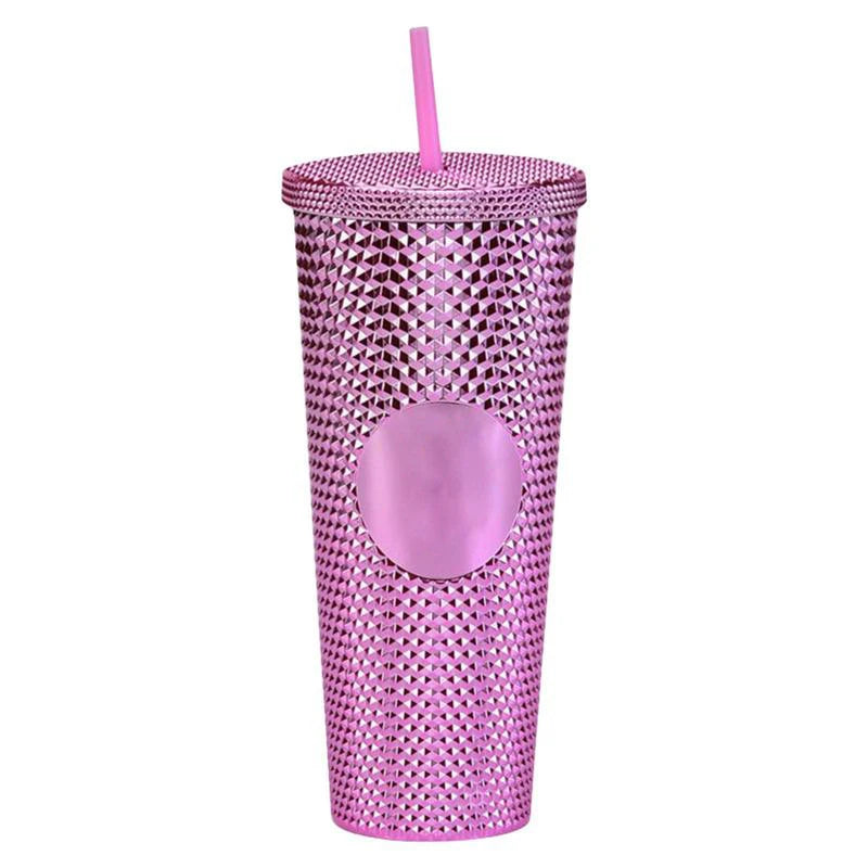 24oz/800ml Pink Coffee Cup with Straw, Double Wall Insulated Tumbler Insulated Water Bottle Bling Pink Tumbler for Girl Gifts