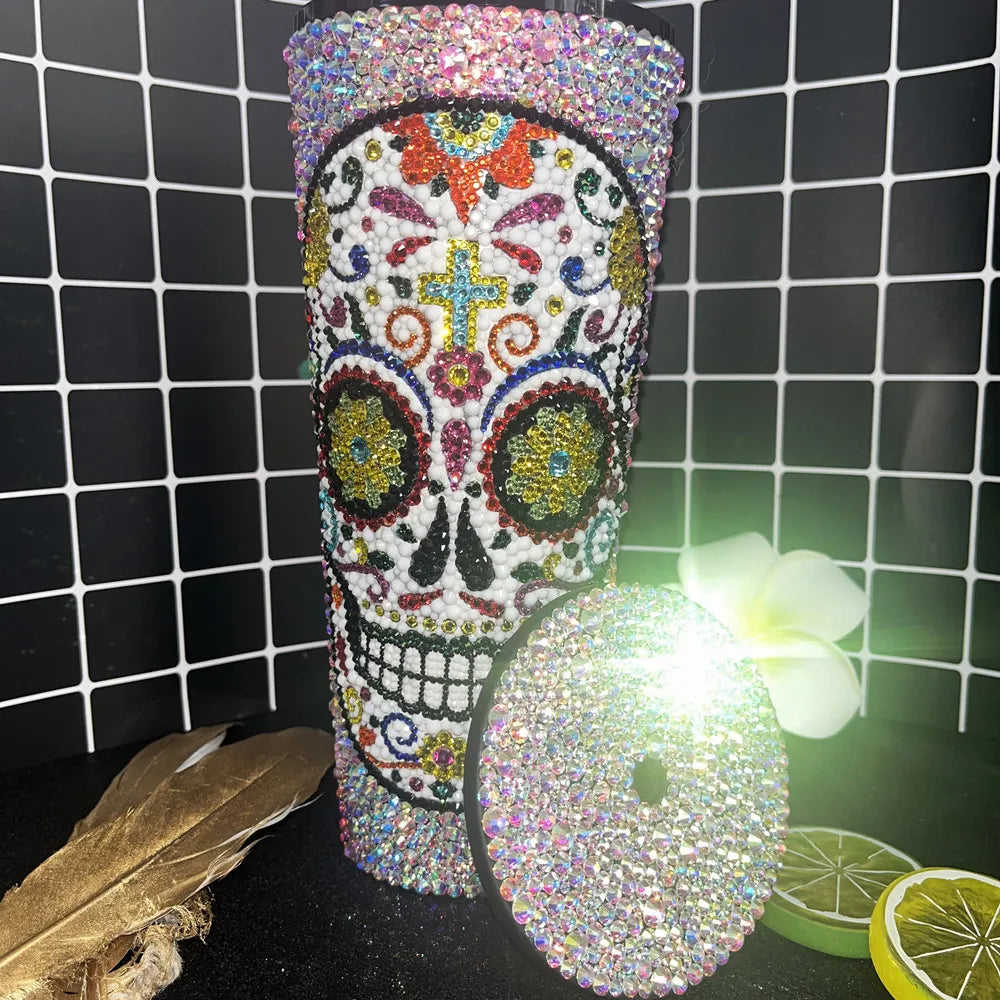 All Covered AB 24oz Bling Black Ghost Head DIY Handmade Rhinestone Cup,Candy Skull Flower Mug/Tumbler for Girls' Car Drinking