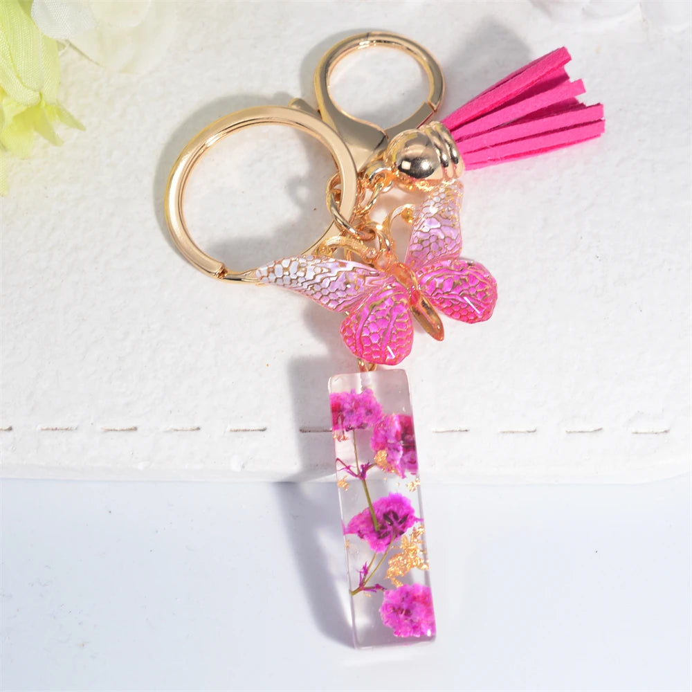 Exquisite Pink Dry Flower Resin 26 Initial Keychain