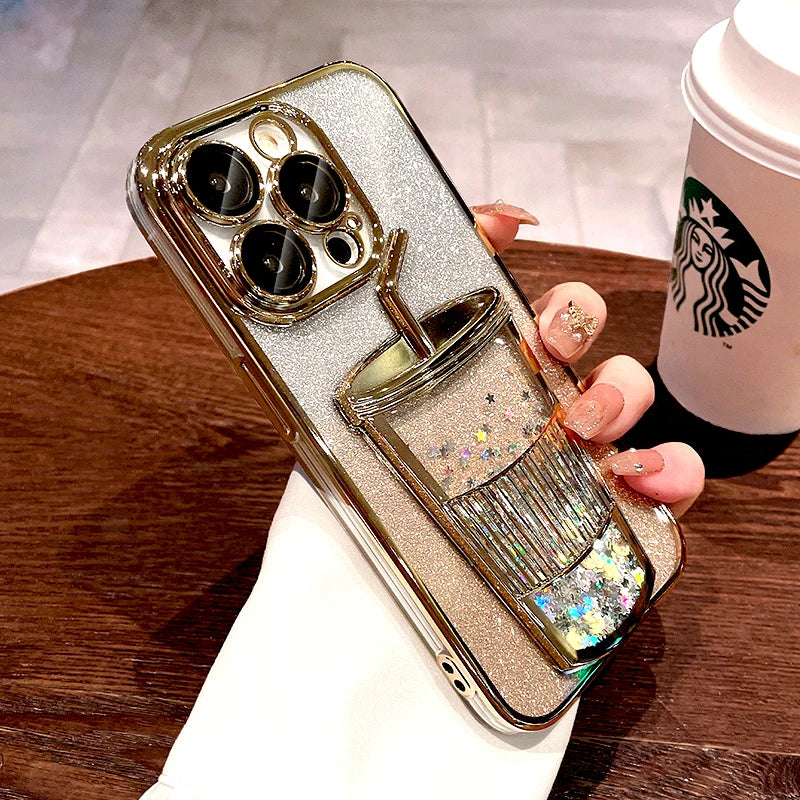 Luxury Bling Case For iPhone 16 15 14 13 12 Pro Max 15Pro 14Pro Lovely Clear Transparent Straw Cup Cover Insert Glitter Paper