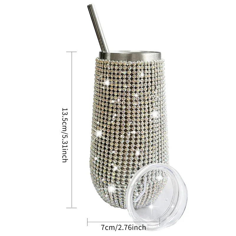 6oz Shiny Diamond Tumbler Bling Rheinstone Wine Cup With Straw Stainless Steel Insulated Vacuum Champagne Cup Mug Egg Shape