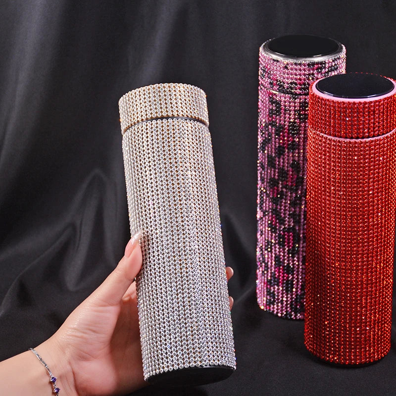 500ml Smart Temperature Display Diamond Thermos Bottle Stainless Steel Water Bottle Bling Rhinestones Vacuum Flasks Coffee Cup