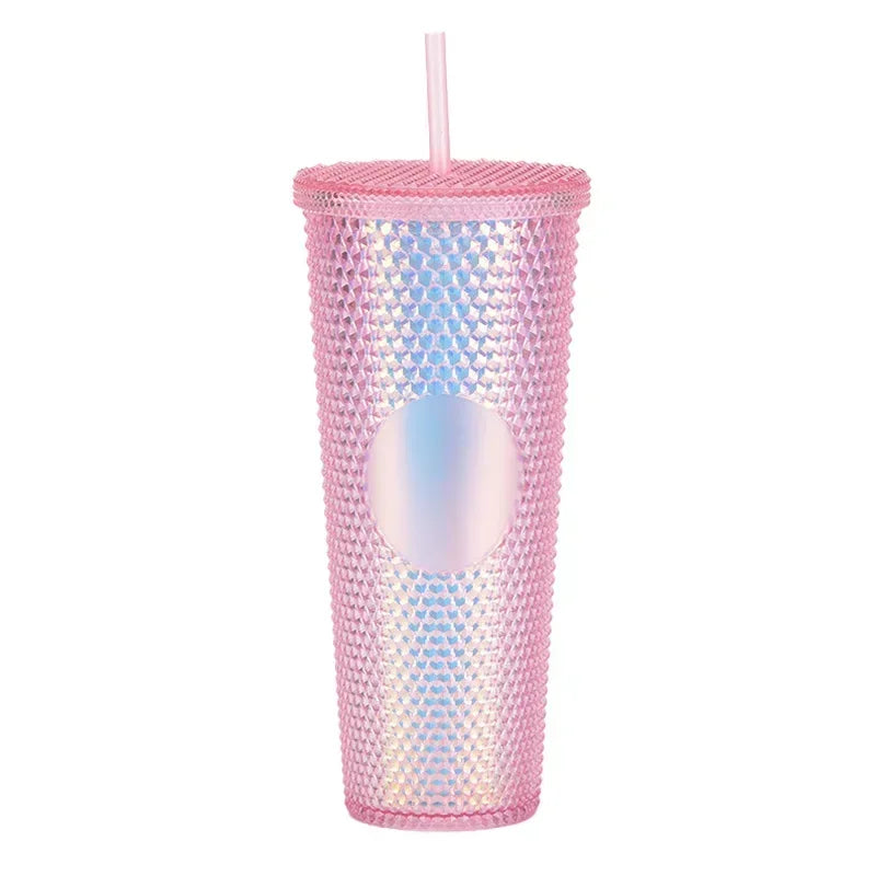 710ml Straw Cup with Lid Studded Finish Double Wall Coffee Mugs Plastic Studded Durian Tumblers Cold Bling Cup Customized