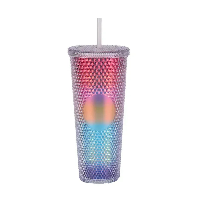 710ml Straw Cup with Lid Studded Finish Double Wall Coffee Mugs Plastic Studded Durian Tumblers Cold Bling Cup Customized