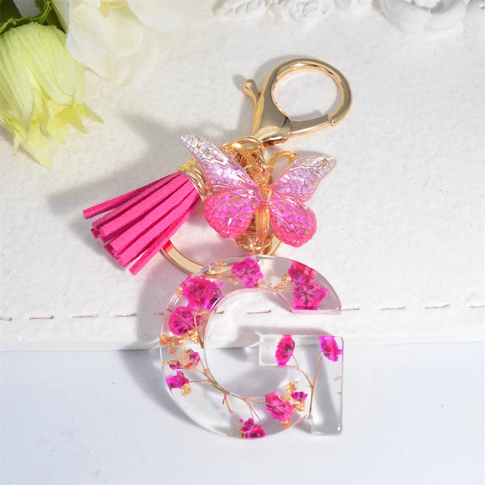 Exquisite Pink Dry Flower Resin 26 Initial Keychain