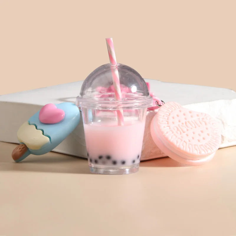 Ice-cream Bubble Tea Biscuit Pink Key Ring