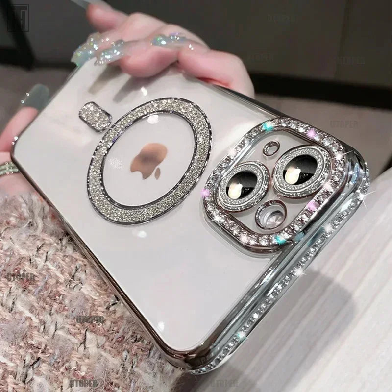 New Crystal Diamond Clear Case For iPhone 16 15 11 12 13 14 Pro Max Plus Bling Sparkly Magsafe Magnetic Wireless Charging Cover